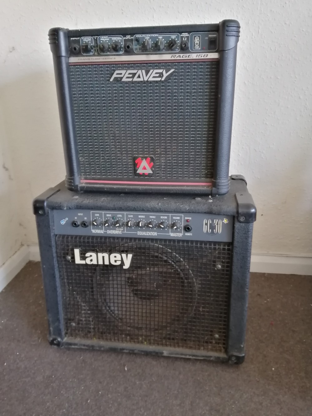 A Peavey Rage 158, Transtube Series guitar amp and a Laney GC30 guitar amp